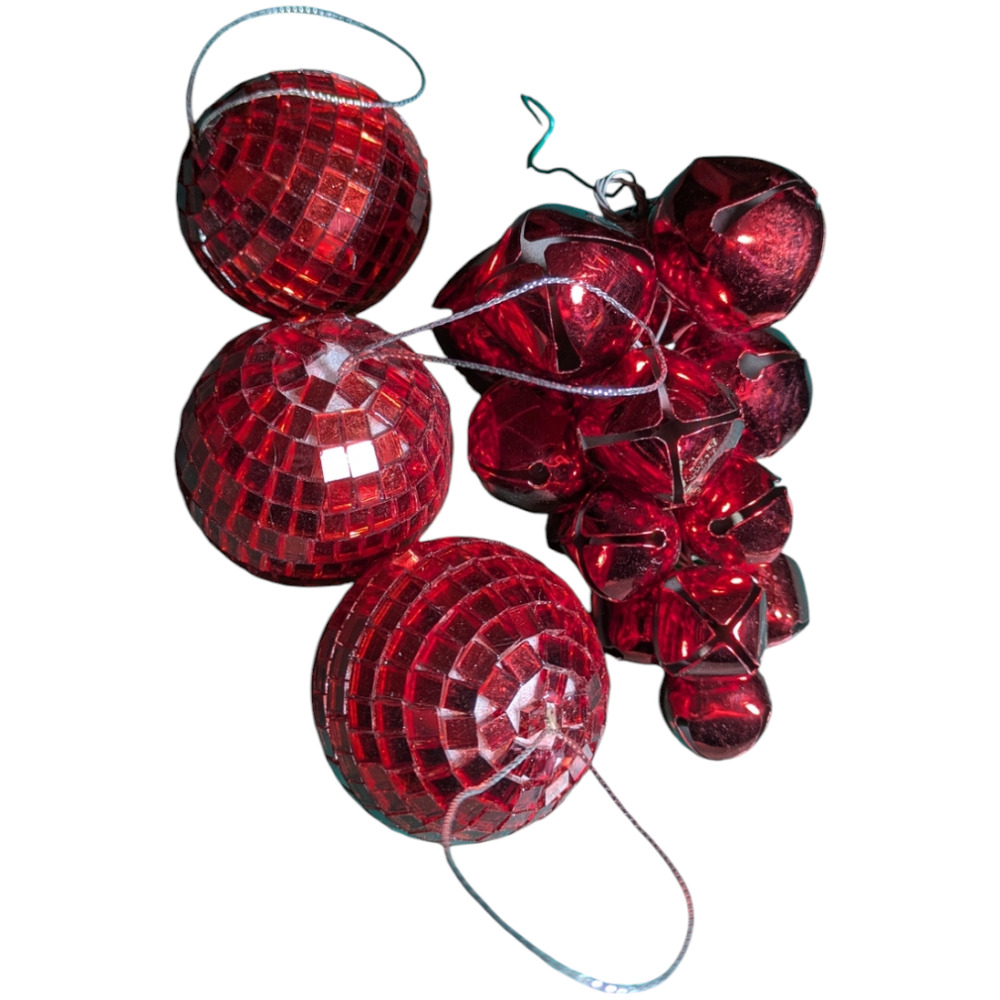Red Shiny Disco Ball Christmas Ornaments Set Of 4 with Red Bunch of Bells Hanger